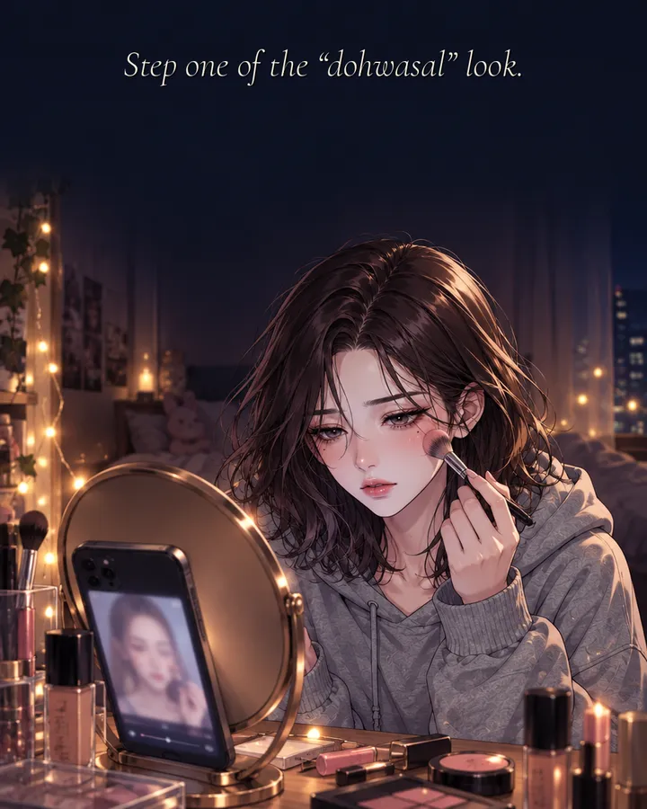 Panel 1: A young woman at a vanity mirror at night brushes peach-pink blush onto her cheeks while a makeup tutorial plays on her phone. Caption: Step one of the dohwasal look.