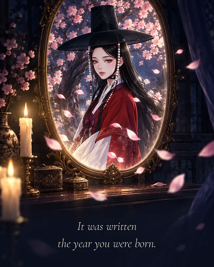 Panel 3: In the mirror a woman in a tall black gat stands under a peach tree, petals drifting out into the room. Caption: It was written the year you were born.