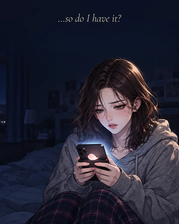 Panel 4: The young woman sits on her bed looking at her phone, a peach petal on the screen, and asks: So do I have it?