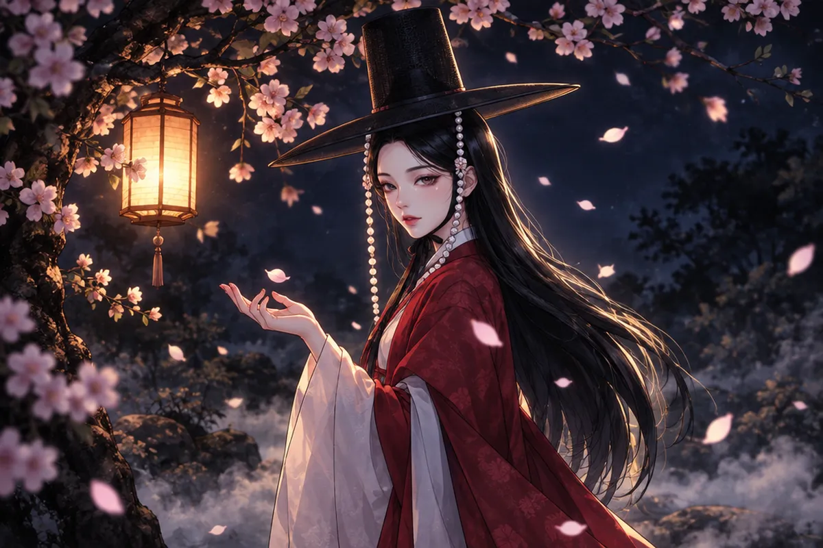A woman in a white and red hanbok and a tall black gat stands under a blossoming peach tree at night, a petal landing on her palm.