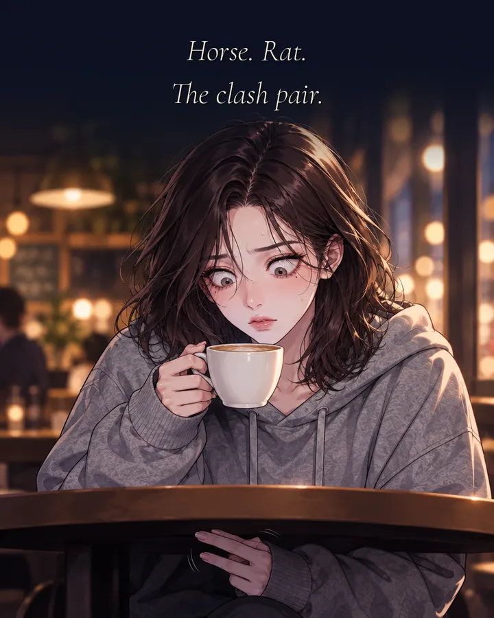 Panel 2: The young woman freezes with her coffee cup, counting on her fingers under the table. Caption: Horse. Rat. The clash pair.