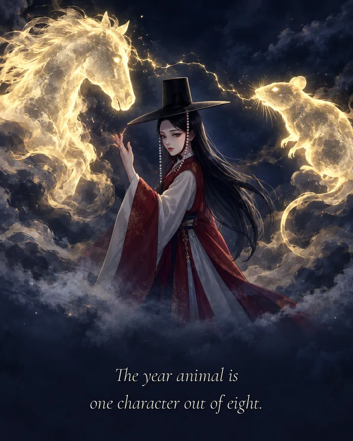 Panel 3: A glowing horse and a glowing rat face each other in the mist while a figure in a tall black hat stands between them. Caption: The year animal is one character out of eight.