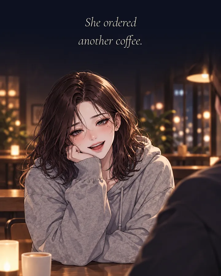 Panel 4: The young woman laughs and relaxes, chin on her hand. Caption: She ordered another coffee.