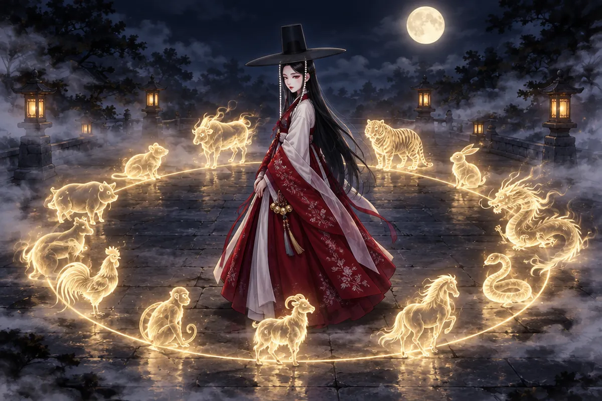 A woman in a white and red hanbok and a tall black gat stands inside a glowing ring surrounded by twelve golden animal silhouettes at night.