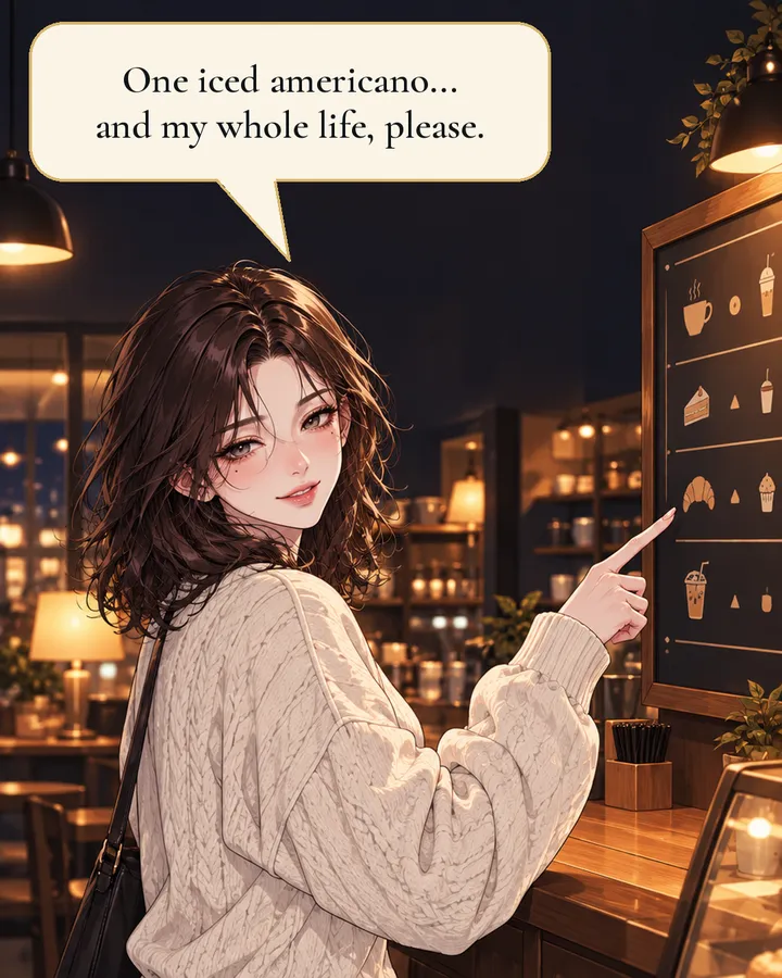 Panel 1: At a cozy cafe counter, the young woman points at the menu board and says: One iced americano... and my whole life, please.