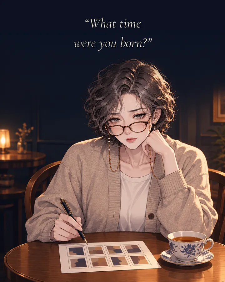 Panel 2: A reader in her late fifties with reading glasses on a chain looks up from a paper chart of eight squares. Caption: What time were you born?