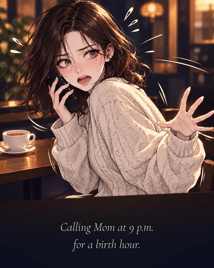 Panel 3: The young woman panics with her phone at her ear. Caption: Calling Mom at 9 p.m. for a birth hour.
