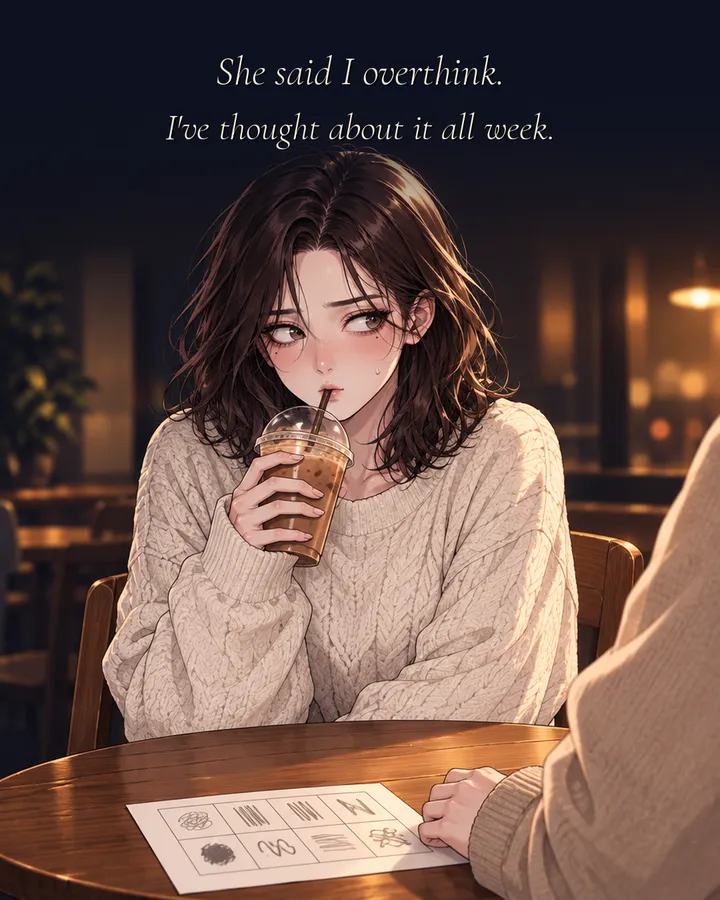 Panel 4: She freezes mid-sip with a guilty sideways glance. Caption: She said I overthink. I've thought about it all week.