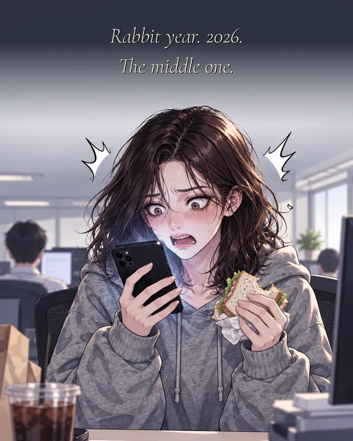 Panel 1: At lunch in the office, a young woman stares at her phone in horror, sandwich frozen mid-air. Caption: Rabbit year. 2026. The middle one.