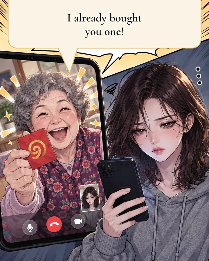 Panel 2: On a video call her grandmother proudly holds up a red paper talisman and says: I already bought you one.
