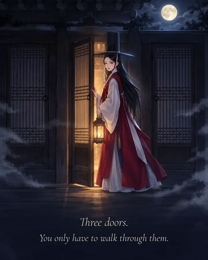 Panel 3: A figure in a tall black hat stands with a lantern beside the middle of three glowing doors. Caption: Three doors. You only have to walk through them.