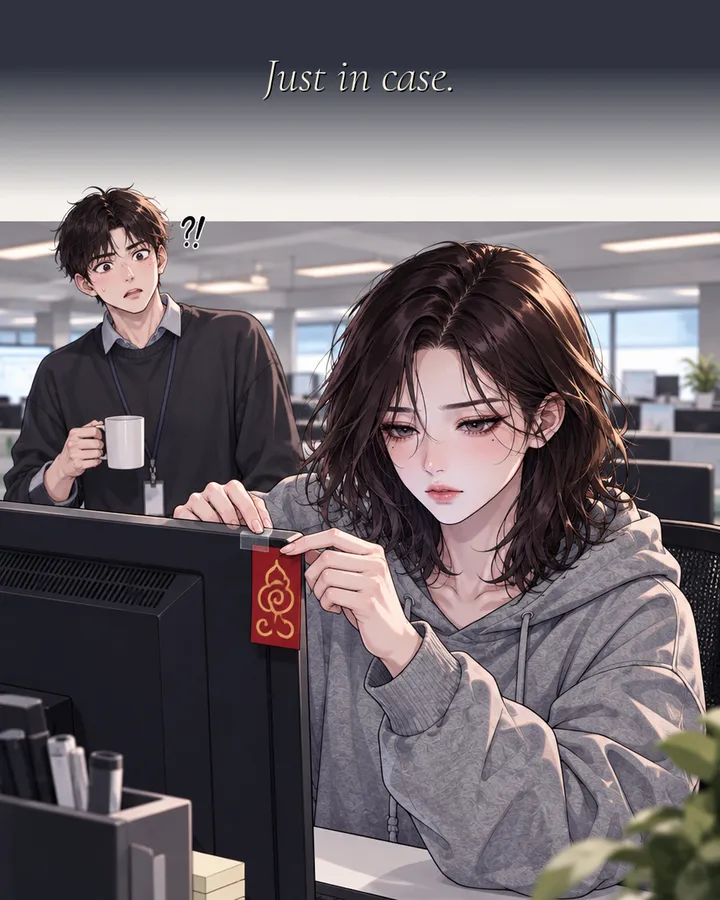 Panel 4: Back at the office, she seriously tapes the red talisman to her monitor while a coworker stares. Caption: Just in case.