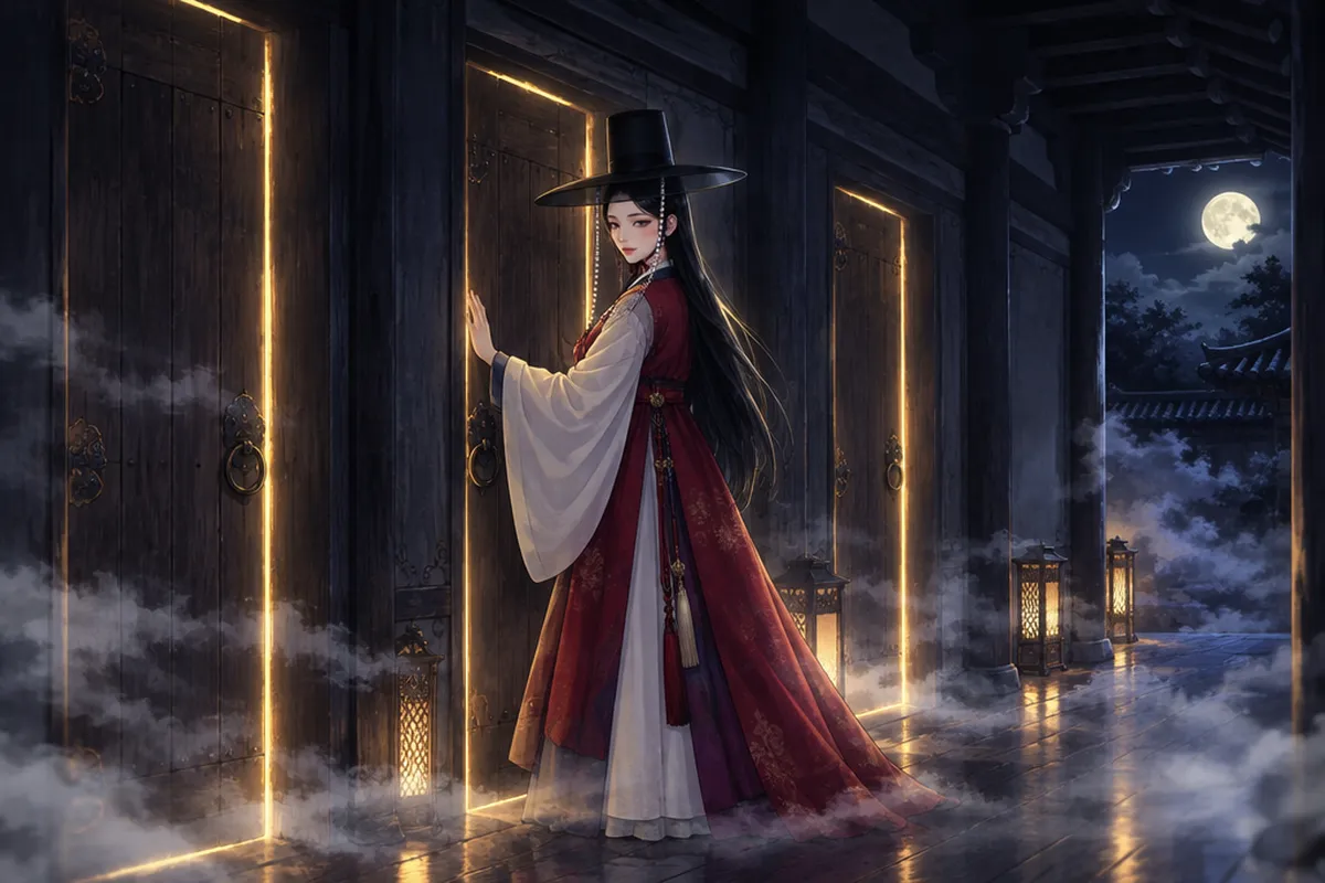 A woman in a white and red hanbok and a tall black gat stands beside the middle of three glowing doors in a moonlit hanok corridor.