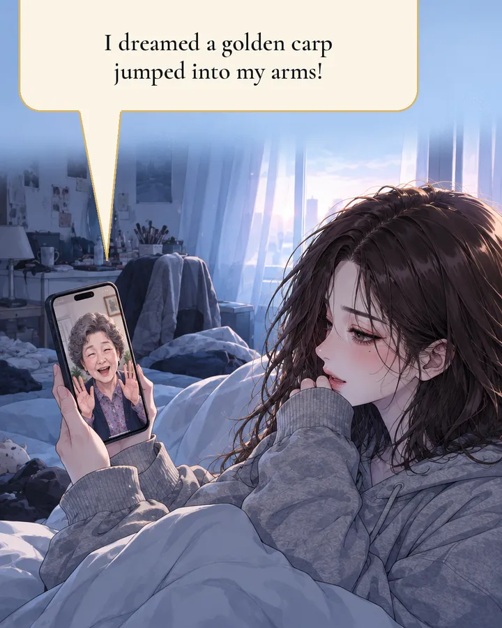 Panel 1: At dawn a young woman sits up in bed on a video call with her excited grandmother, who says: I dreamed a golden carp jumped into my arms!