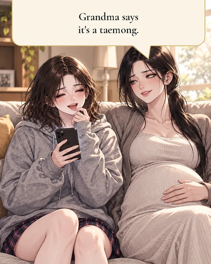 Panel 2: On the sofa, her pregnant older sister rolls her eyes and smiles: Grandma says it's a taemong.