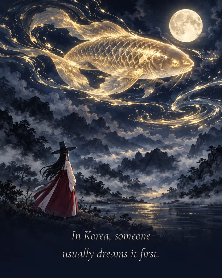 Panel 3: A giant golden carp swims through a night sky above misty mountains while a small figure in a tall black hat watches. Caption: In Korea, someone usually dreams it first.