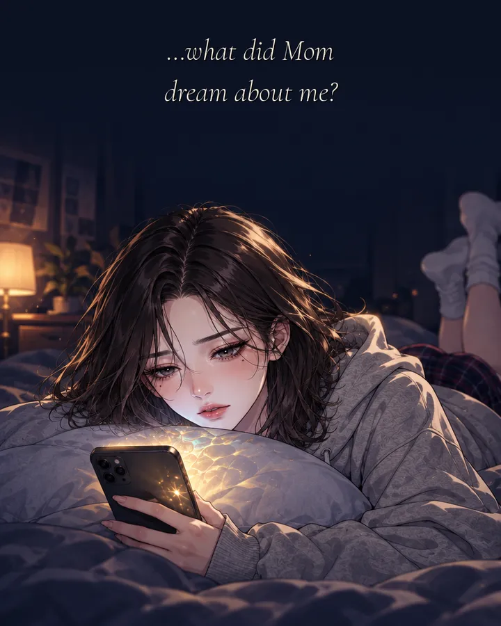 Panel 4: At night the young woman lies on her bed looking at her phone and wonders: What did Mom dream about me?