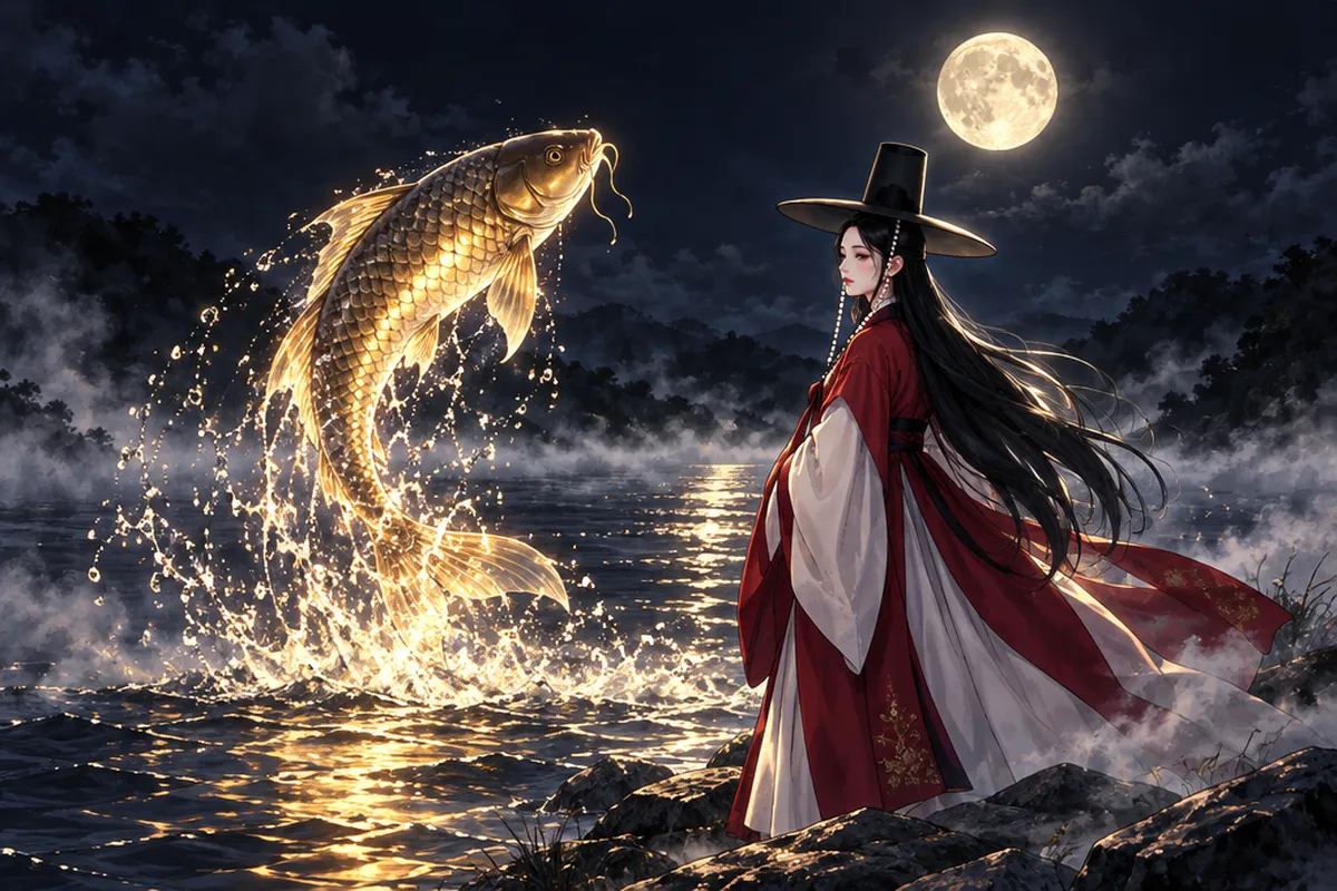 A huge golden carp leaps from a moonlit river while a woman in a white and red hanbok and a tall black gat watches from the bank.