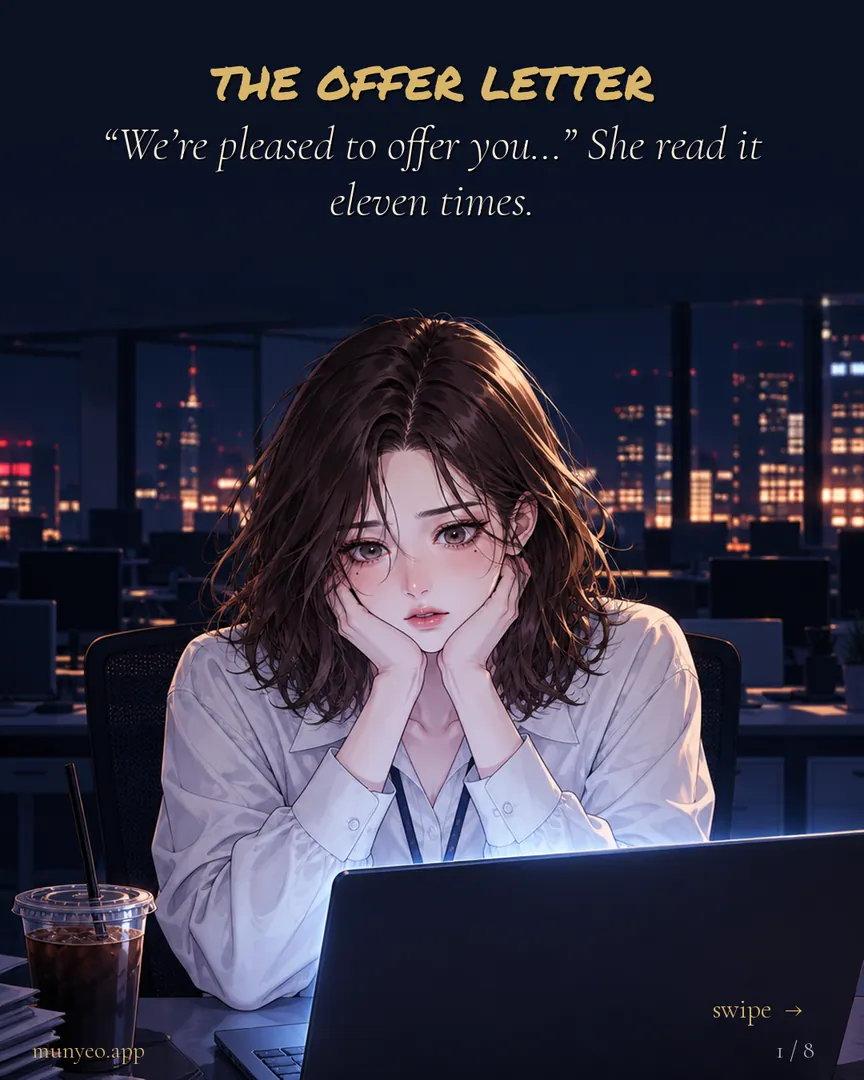 Late night in an empty office. “We’re pleased to offer you…” She read it eleven times.