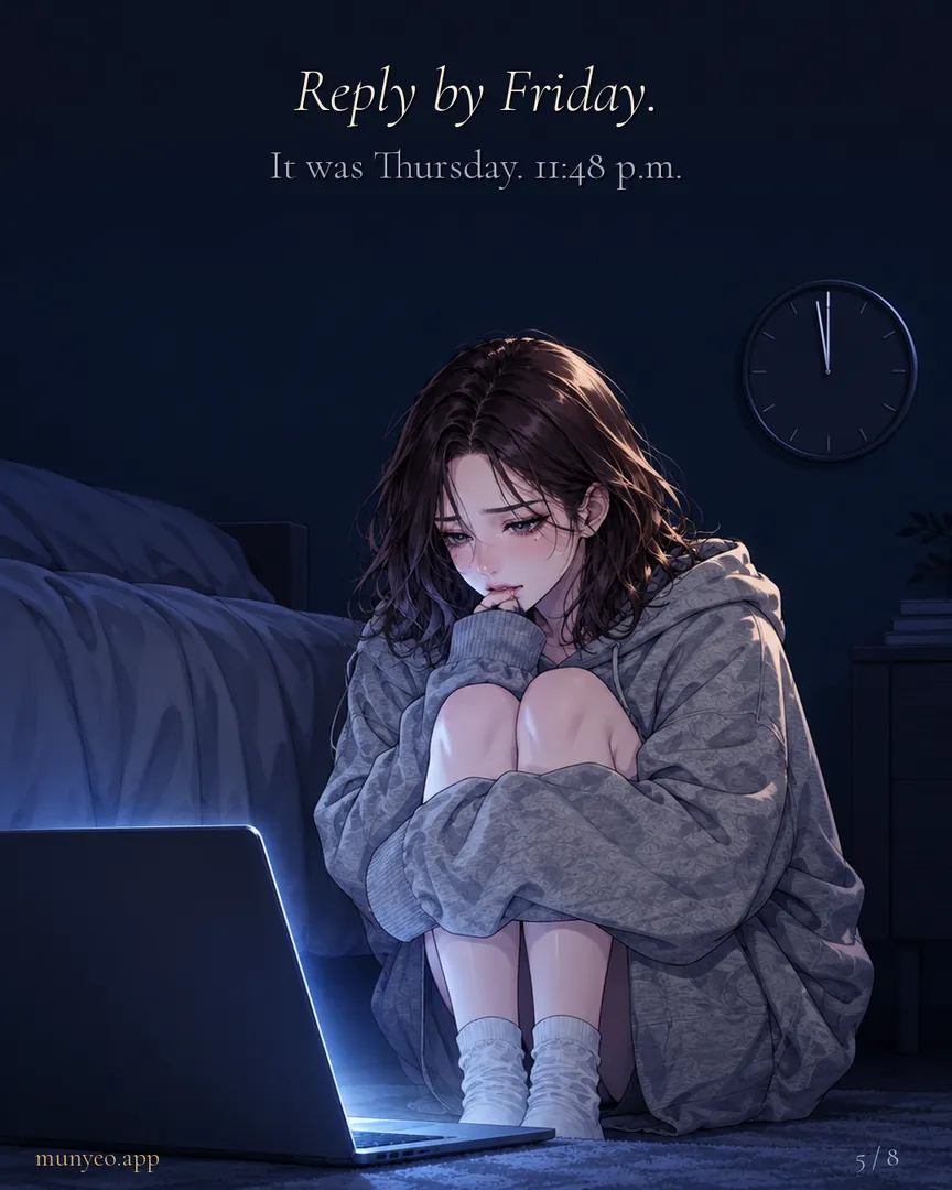 She hugs her knees by the laptop. Reply by Friday. It was Thursday, 11:48 p.m.