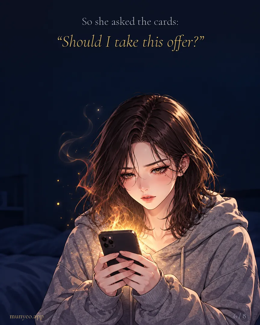Her phone glows gold. She asks the cards: “Should I take this offer?”