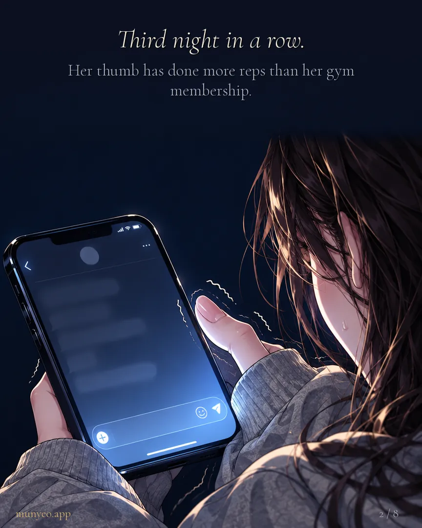 Her thumb hovers over send. Third night in a row.