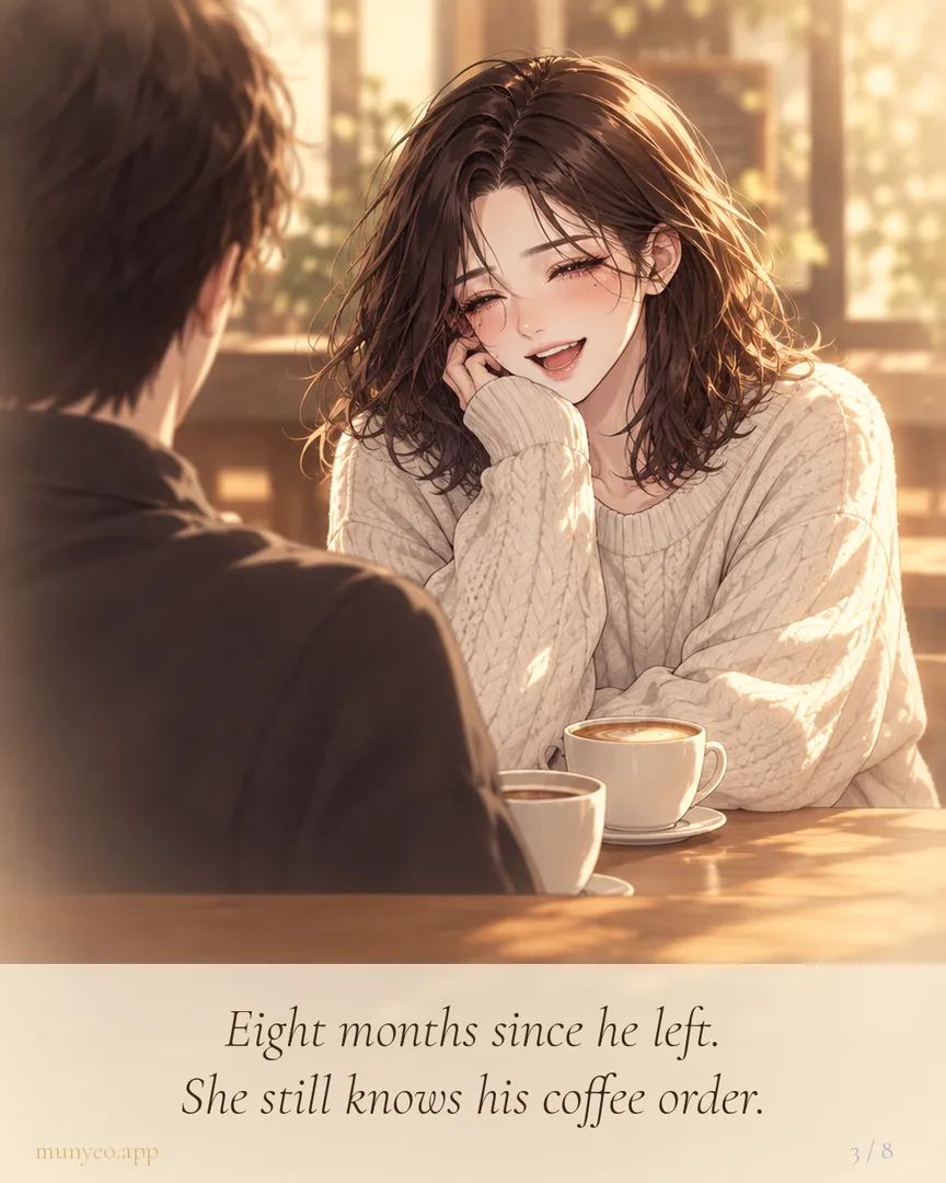 A warm cafe memory. Eight months since he left; she still knows his coffee order.