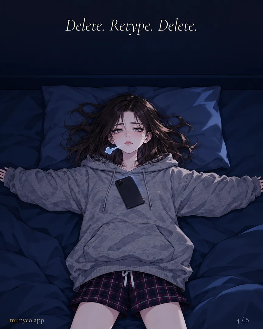 She lies flat on her back, phone on her chest. Delete. Retype. Delete.
