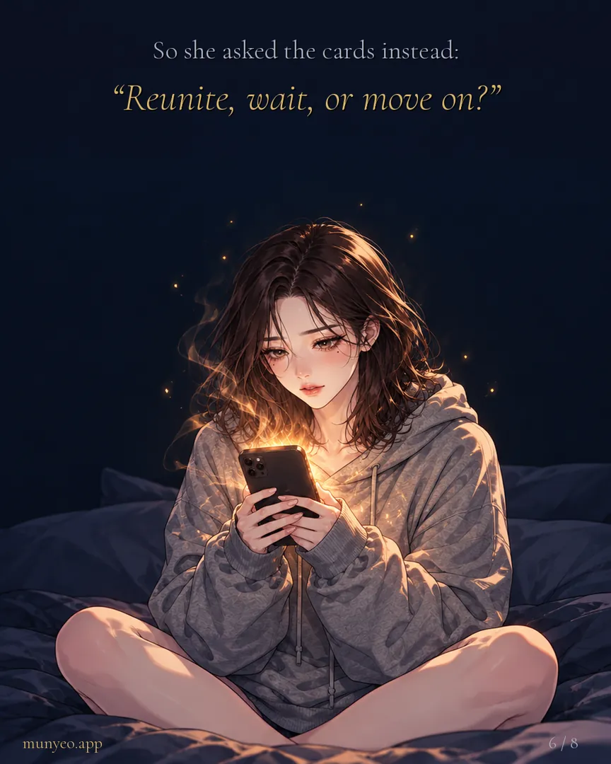 Her phone glows gold. She asks the cards instead: “Reunite, wait, or move on?”